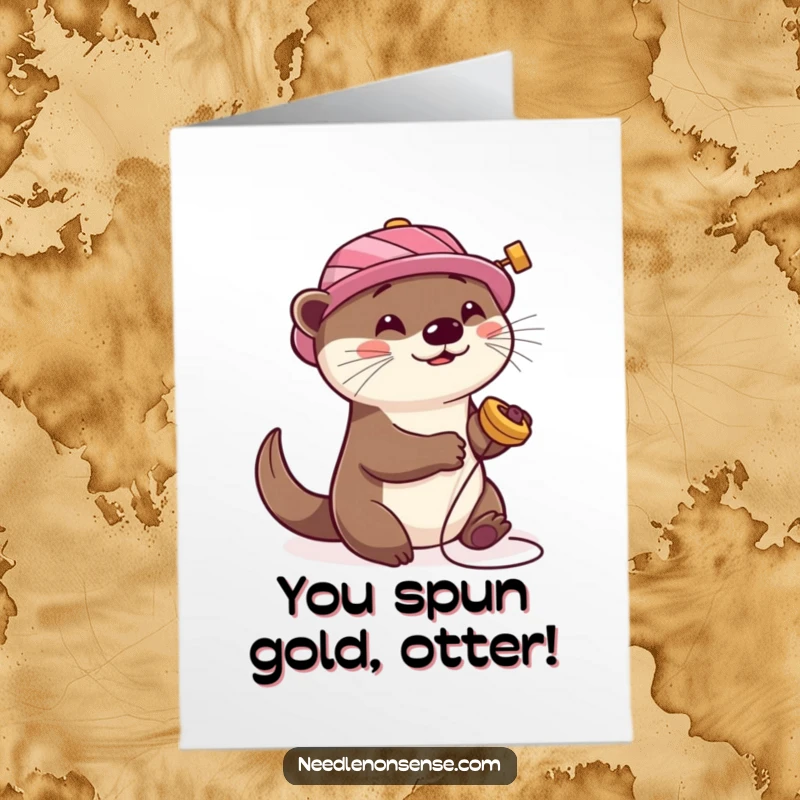 Funny Free Printable Congrats Card showing a playful otter with a spool hat, spinning with joy.