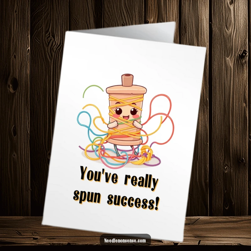 Funny Free Printable Congratulations Card: A bobbin character in a comical, spiraling tangle of colorful threads.