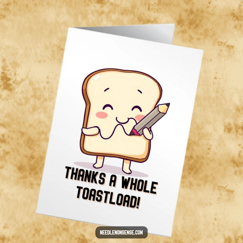 Funny Free Printable Thank You Card: A happy toast character enthusiastically draws with a large pencil.