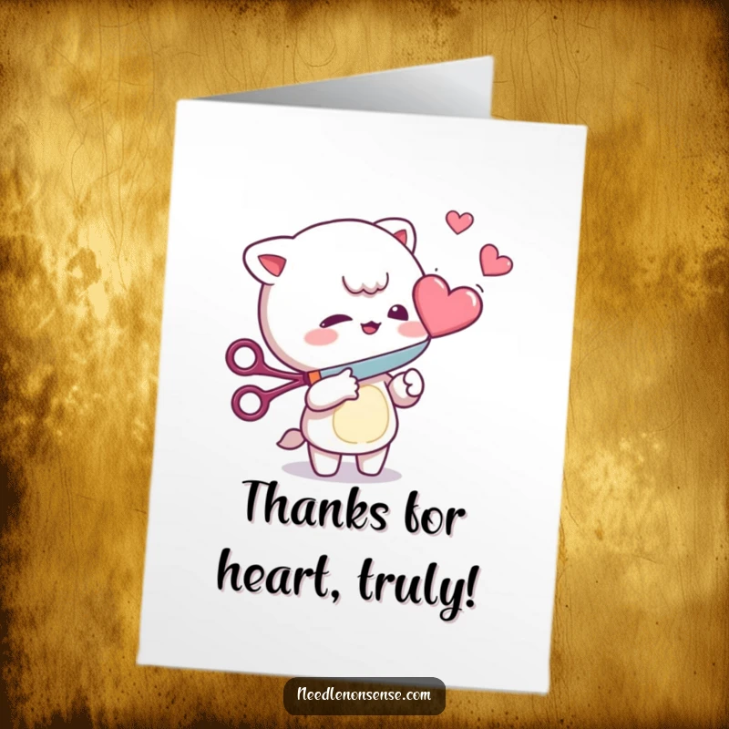 Funny Free Printable Thank You Card showing a mischievous character playfully cutting a heart, perfect for gratitude.