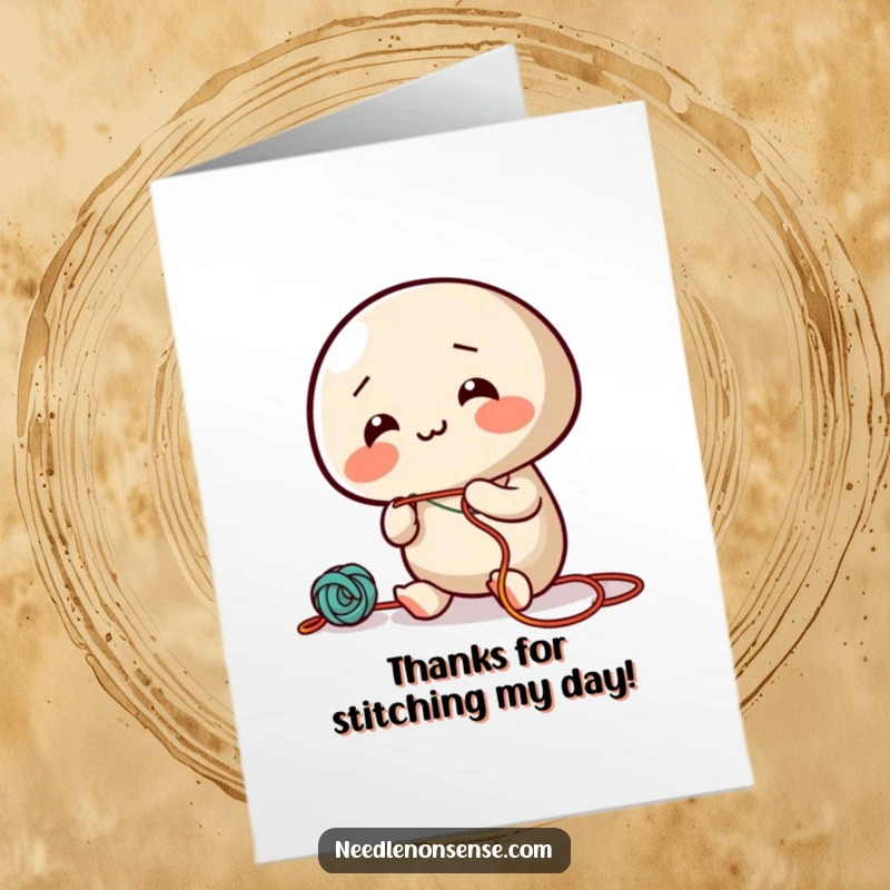 Funny Free Printable Thank You Card with a giggling needle character sewing colorful thread, expressing heartfelt thanks.