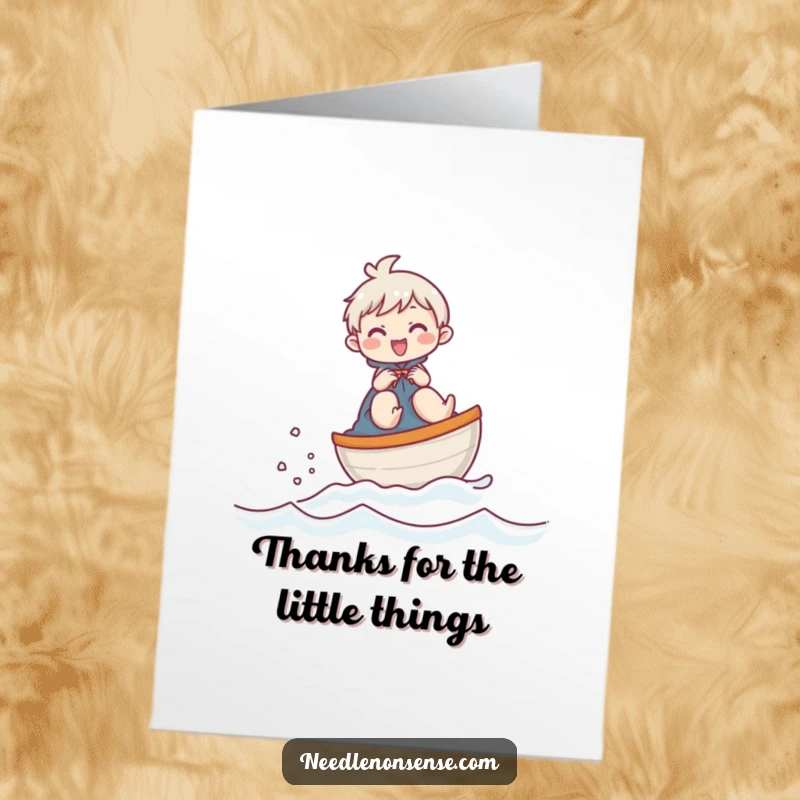 Funny Free Printable Thank You Card: Giggling character on a thimble boat, expressing thanks with nautical charm.