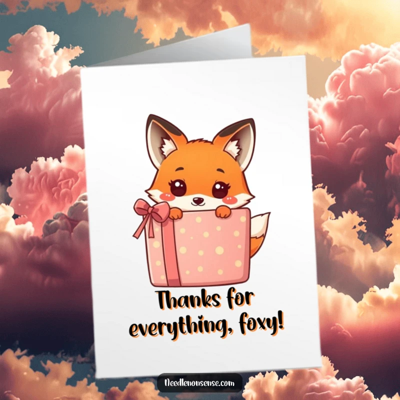 Funny Free Printable Thank You Card: A cute kawaii fox peeking from behind a present, saying thanks.