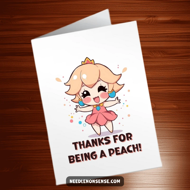 Funny Free Printable Thank You Card: Playful peach enthusiastically creates a splatter paint effect, a creative DIY gift.