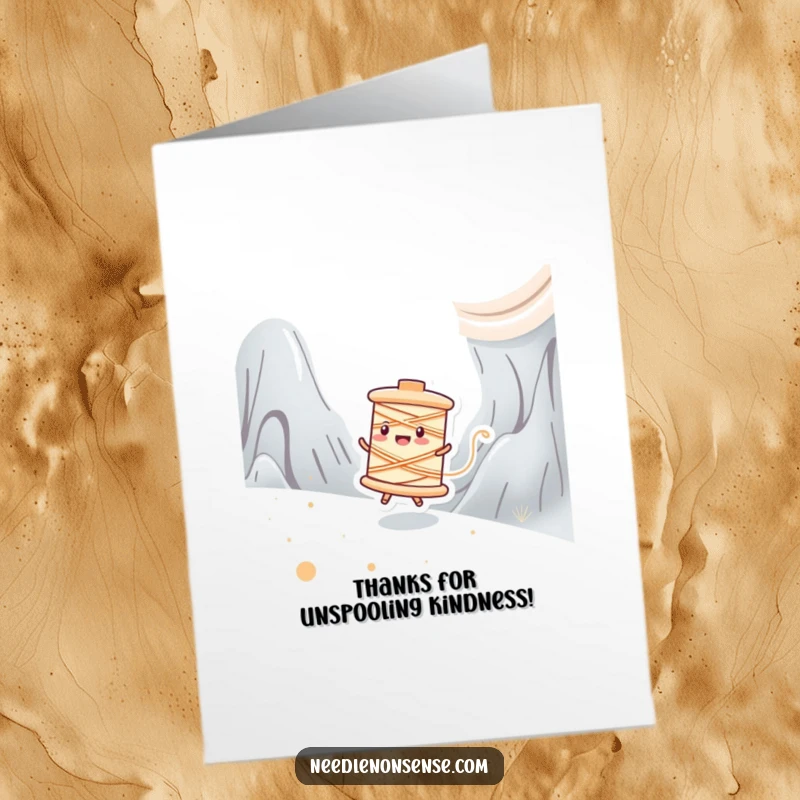 Funny Free Printable Thank You Card: A happy spool of thread character zipping across a fabric texture with excitement.
