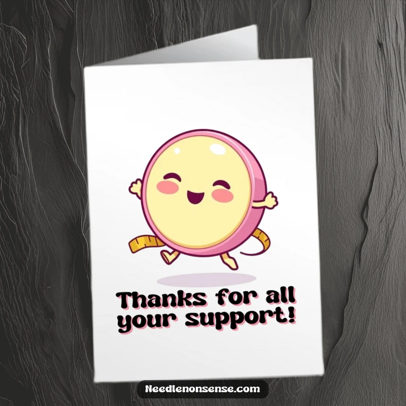 Funny Free Printable Thank You Card: A round measuring tape character happily bouncing energetically like a yo-yo.