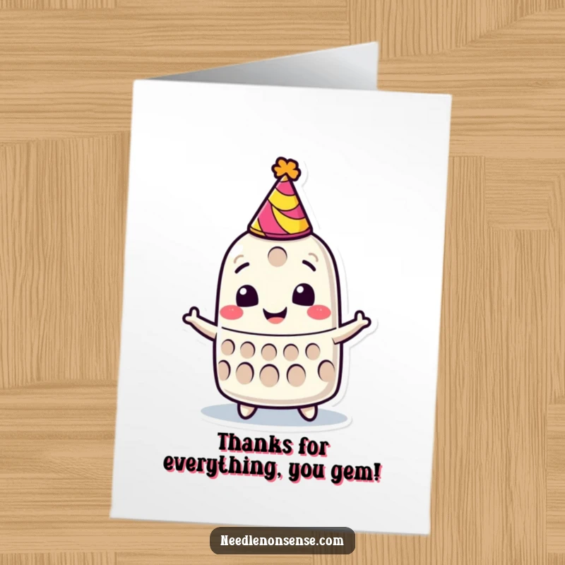 Funny Free Printable Thank You Card: A smiling thimble character wearing a tiny party hat, spinning joyfully.