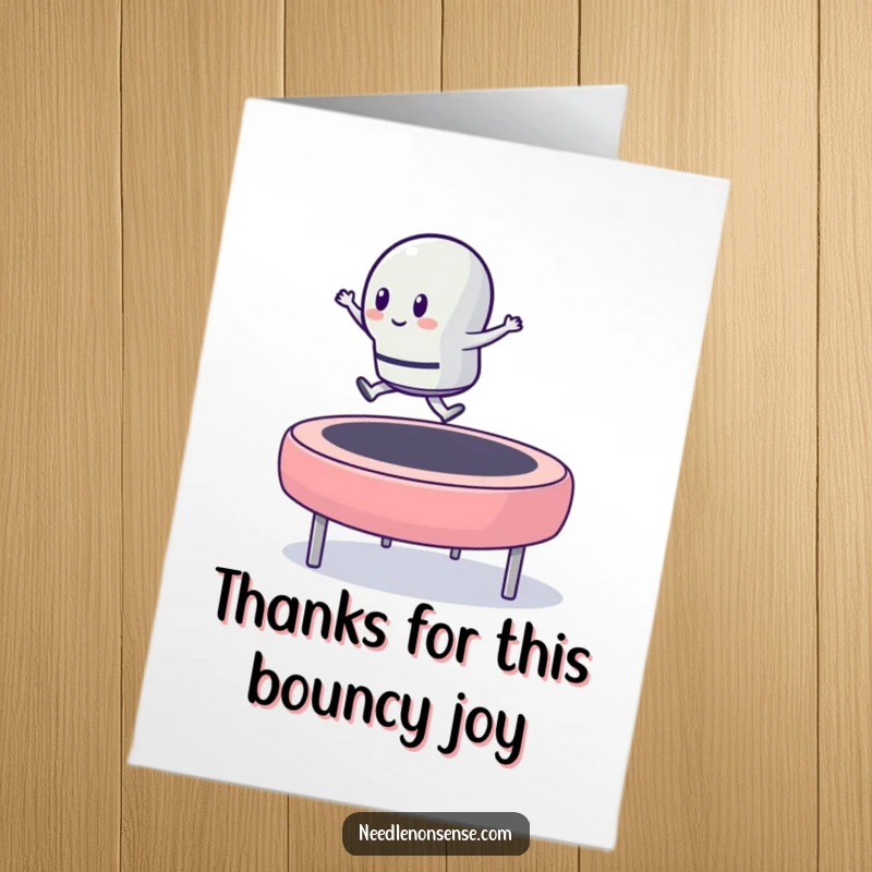 Funny Free Printable Thank You Card: A thimble character energetically bouncing high on a massive button.