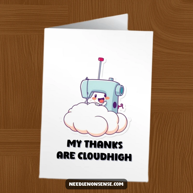 Funny Free Printable Thank You Card: A sewing needle enthusiastically piercing a large, soft-looking fabric cloud.