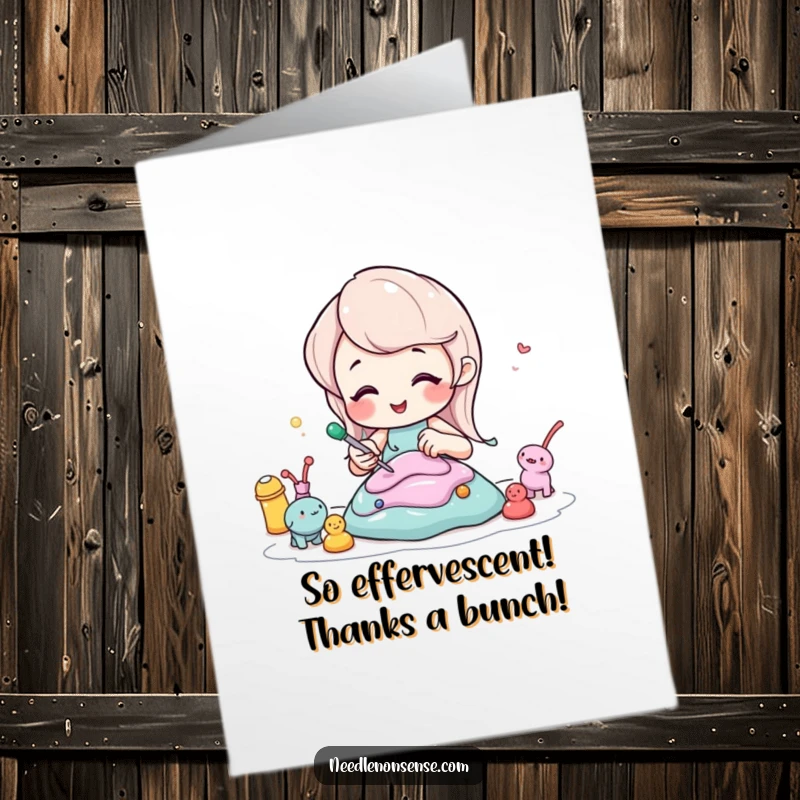 Funny Free Printable Thank You Card of a bubbly soda character sculpting tiny figures from colorful putty.