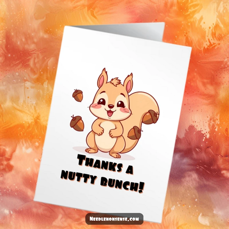 Funny Free Printable Thank You Card: Cute kawaii squirrel juggling acorns, looking surprised, perfect for a playful thank you message.