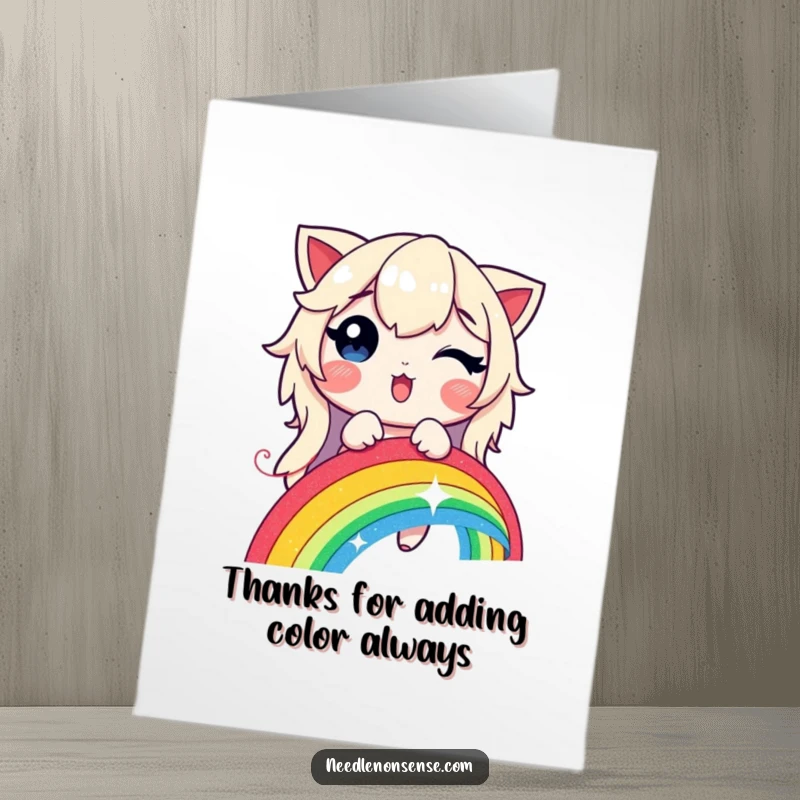 Funny Free Printable Thank You Card: A delighted character weaving a vibrant, shimmering rainbow with a glowing thread, expressing gratitude.
