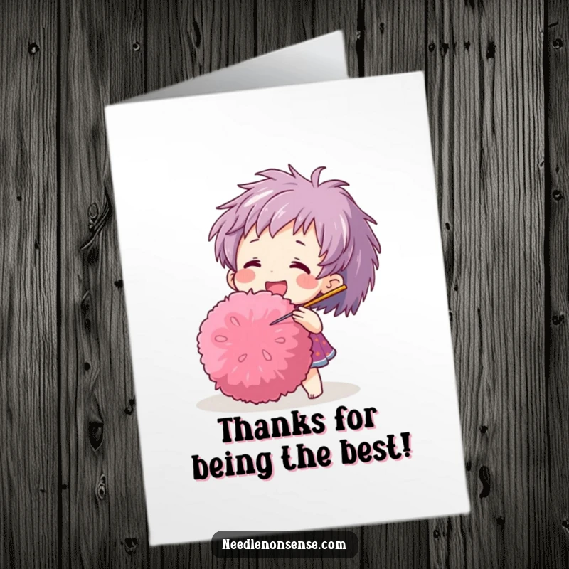Funny Free Printable Thank You Card: A happy character playfully pokes a large, fuzzy pom-pom with a sewing needle, conveying thanks.