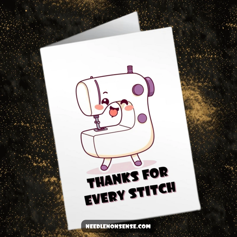 Funny Free Printable Thank You Card featuring a sewing machine character dancing happily to show appreciation.