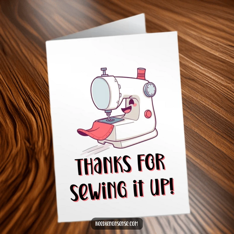 Funny Free Printable Thank You Card: A mischievous sewing machine character speeding across fabric with thanks.