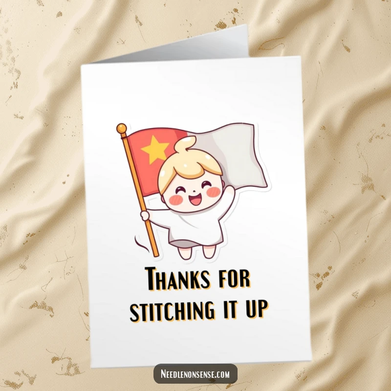 Funny Free Printable Thank You Card: Cheerful character sewing a smiling face onto a waving flag, a happy thank you.