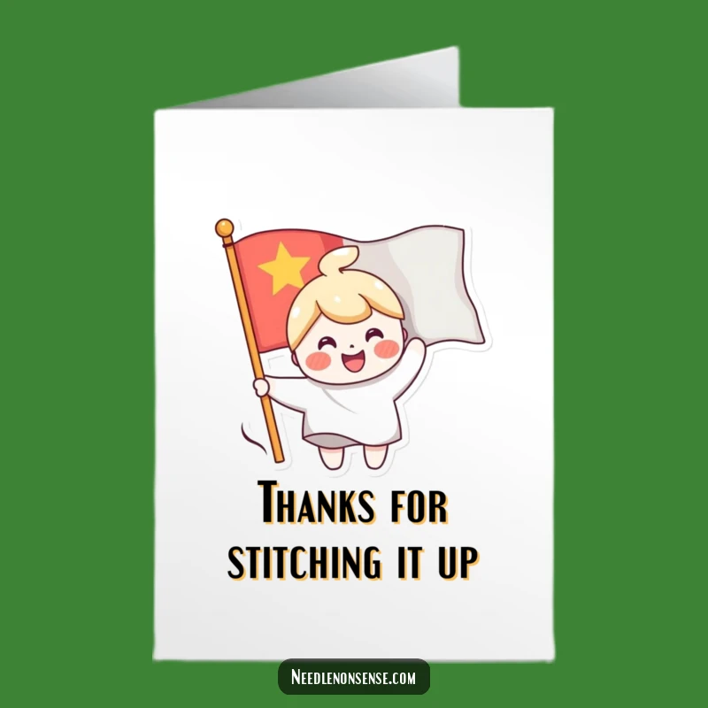 Free Printable Thank You Card: Flag Sewing Character, Grateful Downloadable Gift
