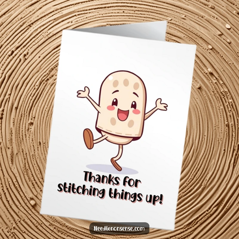 Funny Free Printable Thank You Card: A playful thimble character performs an impressive and triumphant cartwheel to show appreciation.