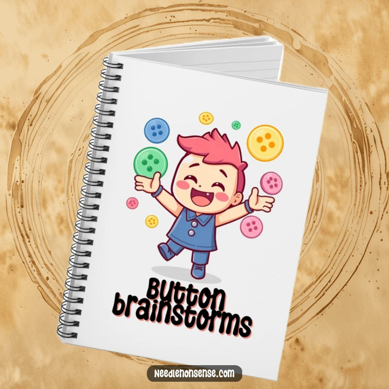 Funny notebook with a cheerful character energetically juggling a pile of colorful sewing buttons, ideal for notes and sketches.
