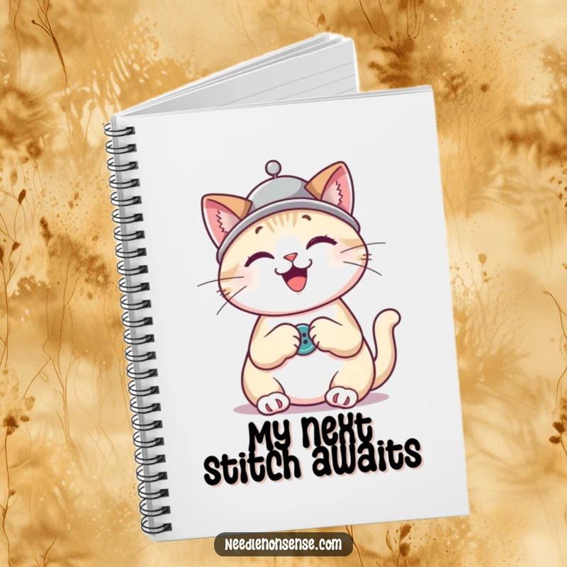 Funny cat wearing a thimble hat sewing a button, a cute and humorous notebook for jotting down thoughts.