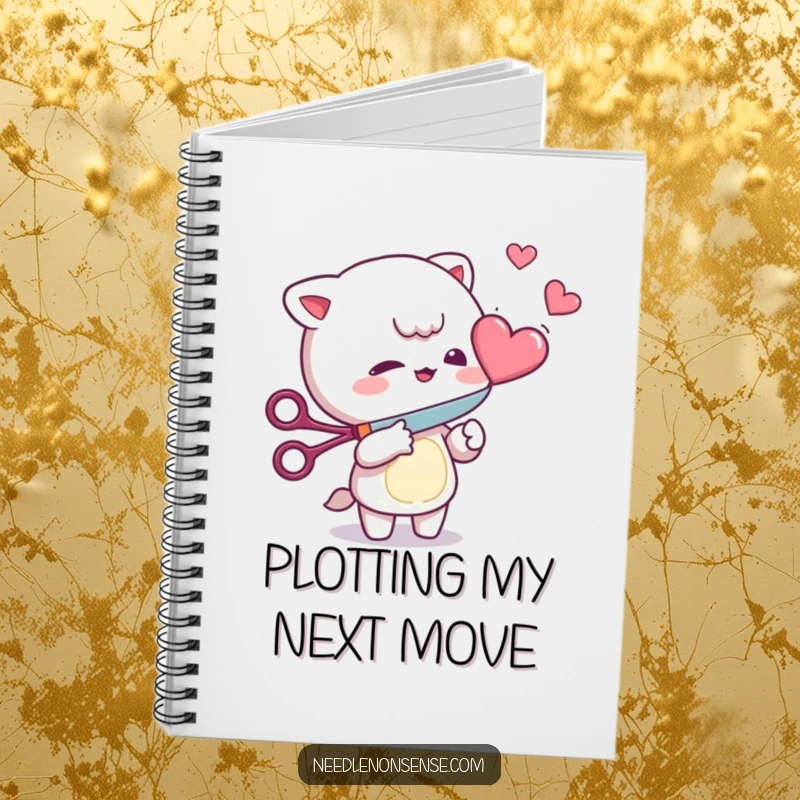 Funny Notebook: Mischievous character playfully cutting a floating heart with scissors, perfect for jotting down witty thoughts.