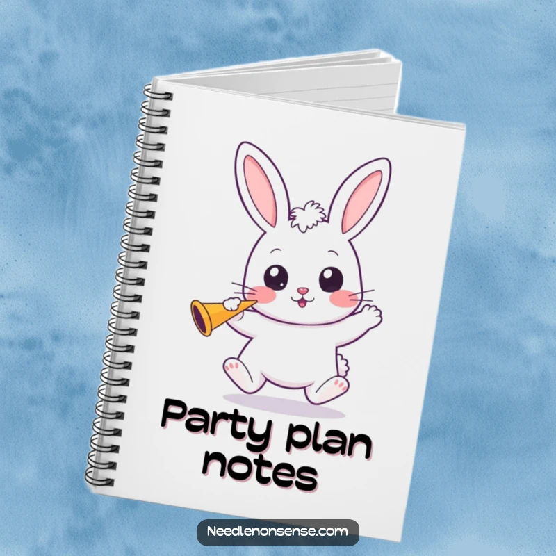 Funny Kawaii Bunny Notebook: A wide-eyed kawaii bunny bounces, holding a party horn, inspiring celebratory notes.