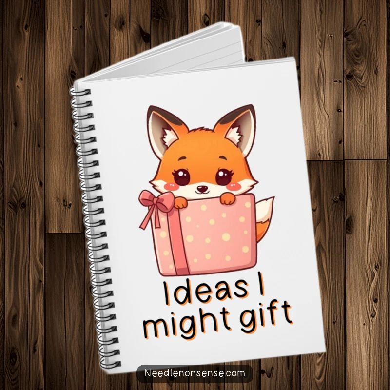 Funny kawaii fox peeking from behind a large, colorful gift, a humorous and cute design on this notebook, perfect for jotting notes.