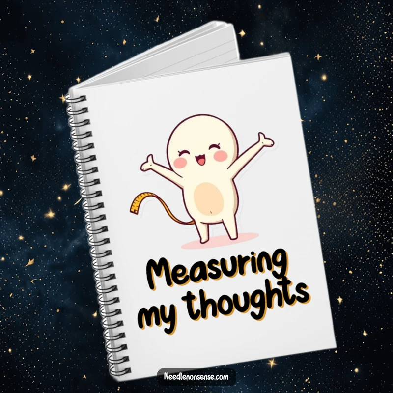 Funny notebook with a whimsical measuring tape character stretching energetically, designed for planning and note-taking with a humorous twist.