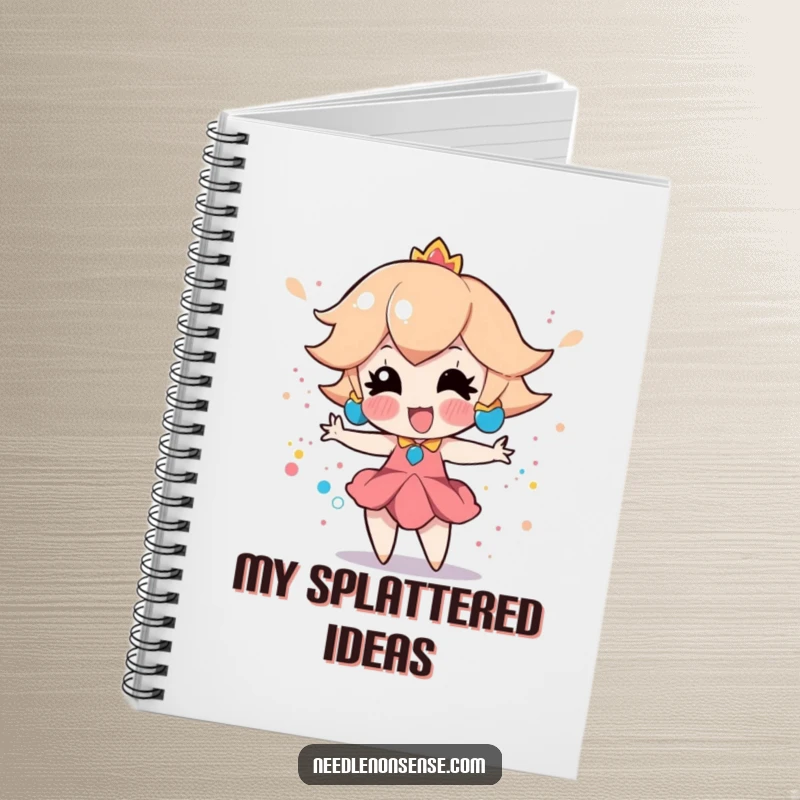 Funny notebook cover showing a playful peach character enthusiastically creating a colorful splatter paint effect, perfect for artistic expression.
