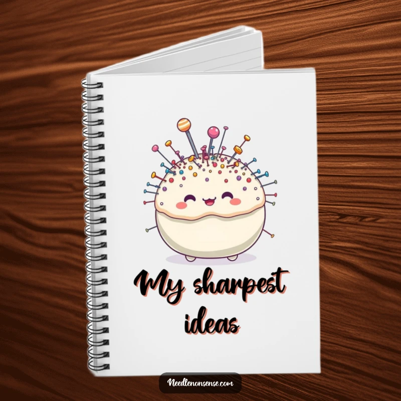 Funny pincushion character notebook, featuring a design overflowing with tiny, sparkling pins, perfect for note-taking.