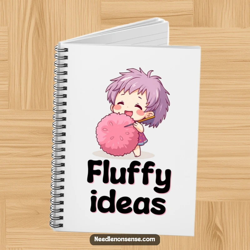 Funny notebook with a cheerful character playfully poking a large pom-pom with a needle, great for notes and sketches.