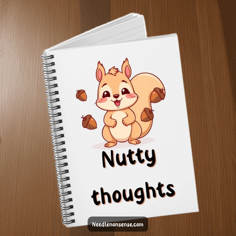 Funny kawaii squirrel juggling acorns with a surprised look, perfect for a cute and humorous notebook cover.