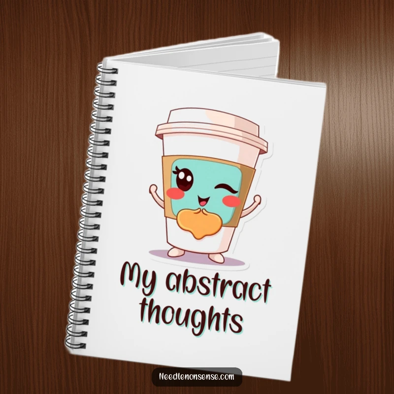 Funny notebook cover showing a winking coffee cup character proudly displaying a colorful abstract design, perfect for creative expression.