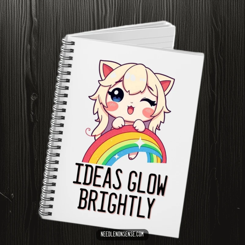 Funny, lined notebook featuring a delighted character stitching a vibrant rainbow with a glowing, shimmering thread.