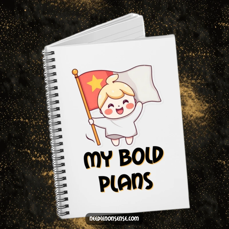 Funny notebook with a cheerful character sewing a smiling face onto a waving flag, perfect for notes and cheerful brainstorming.