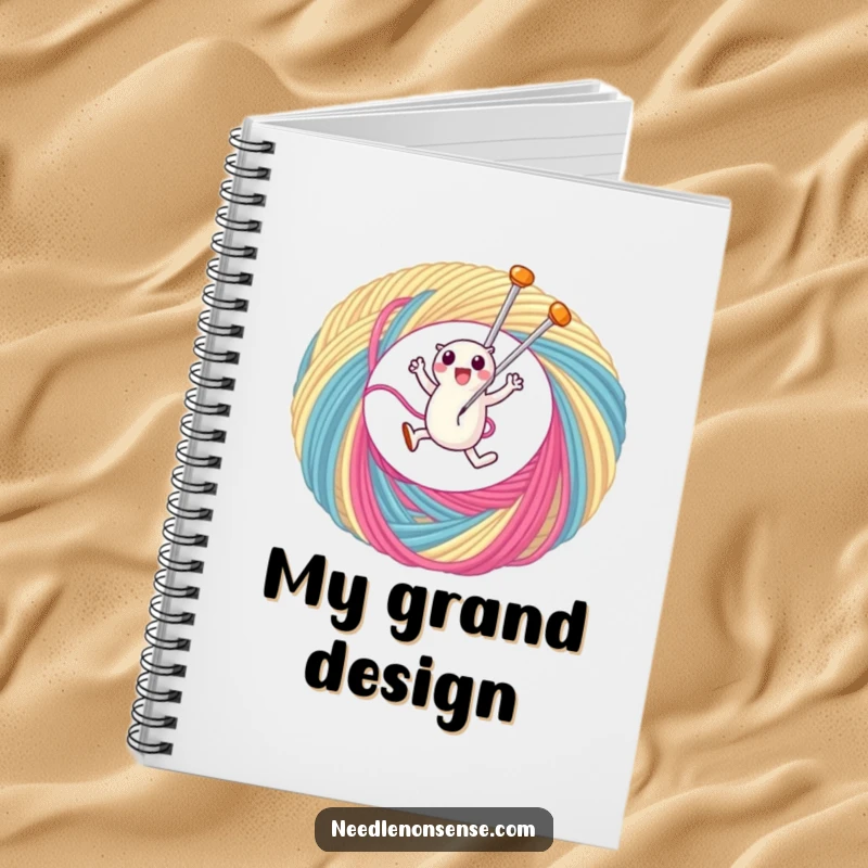 Funny notebook with a cute needle character leaping through a colorful thread loop, ideal for jotting down stitches and thoughts.
