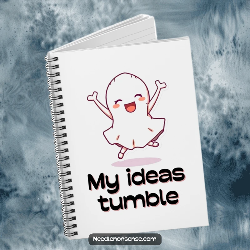 Funny Notebook with a cartwheeling fabric scrap character, perfect for noting down fabric combinations and design ideas.