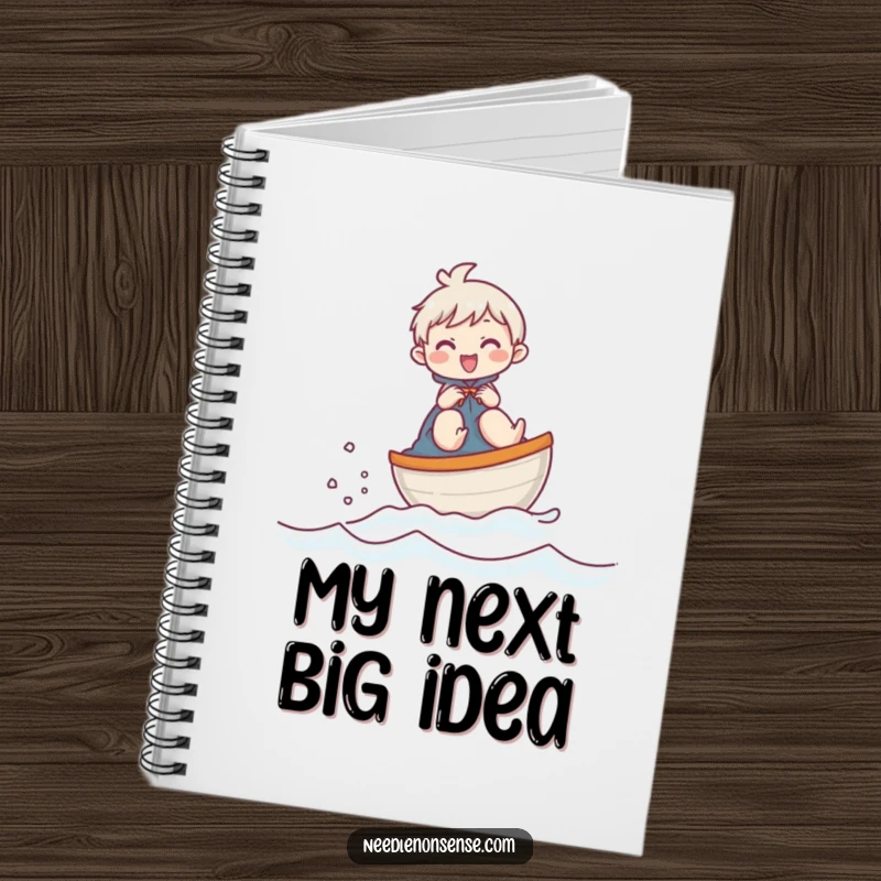 Funny notebook with a giggling character on a thimble boat, perfect for capturing notes and creative ideas with humor.
