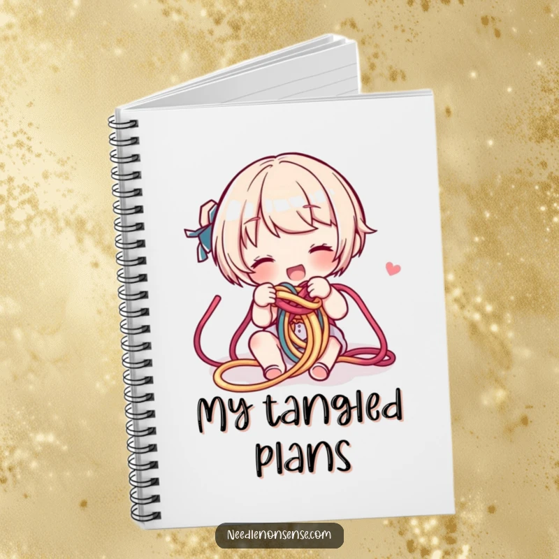 Funny Yarn Knot Notebook: A character playfully untangles a colorful knot of yarn, ready to jot down your ideas.