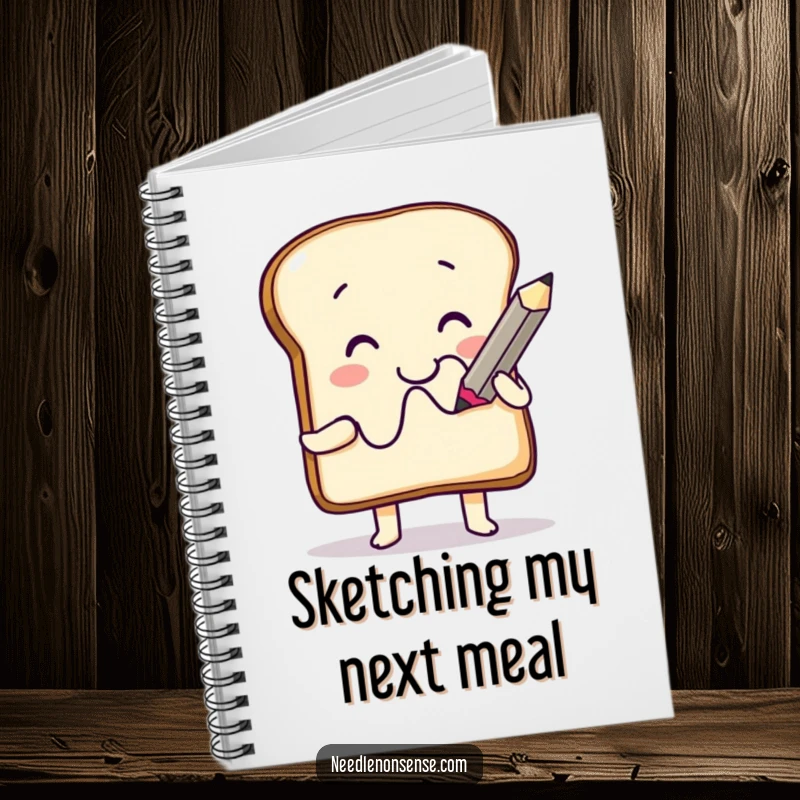 Funny Notebook: A smiling toast character drawing a squiggle with a giant pencil, encouraging creative writing and artistic expression.