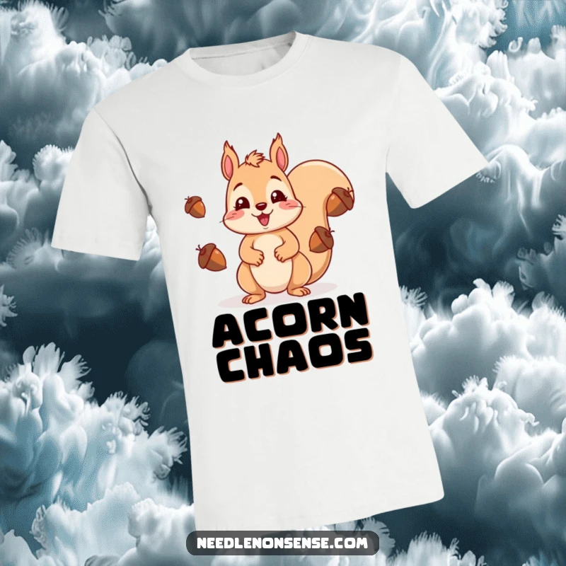 Funny kawaii squirrel mid-juggle with acorns, sporting a comically surprised expression on a t-shirt.