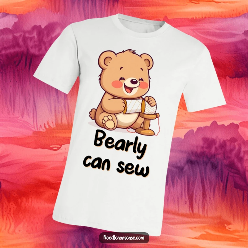 Funny Bear Sewing T-Shirt, depicting a happy bear cub hammering a spool, wearing a thimble, full of crafting energy.