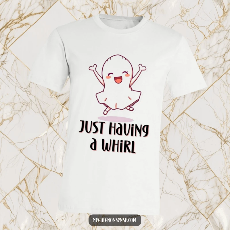 Funny T-Shirt depicting a delighted fabric scrap character mid-cartwheel, exuding happiness and a love for textiles.