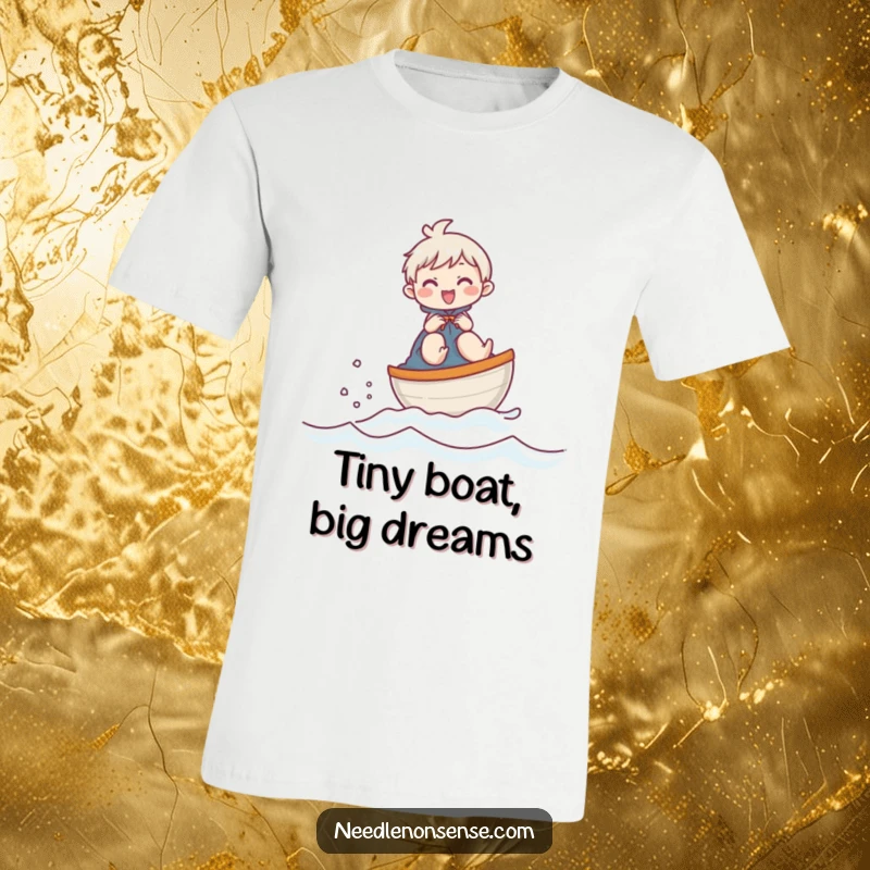 Funny t-shirt featuring a giggling character riding a thimble like a miniature boat, humorously crossing a fabric surface.