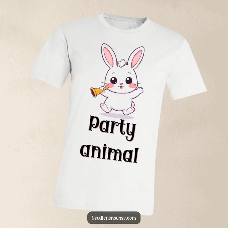 Funny Kawaii Bunny T-Shirt: An adorable kawaii bunny bounces excitedly, wide-eyed and holding a party horn.
