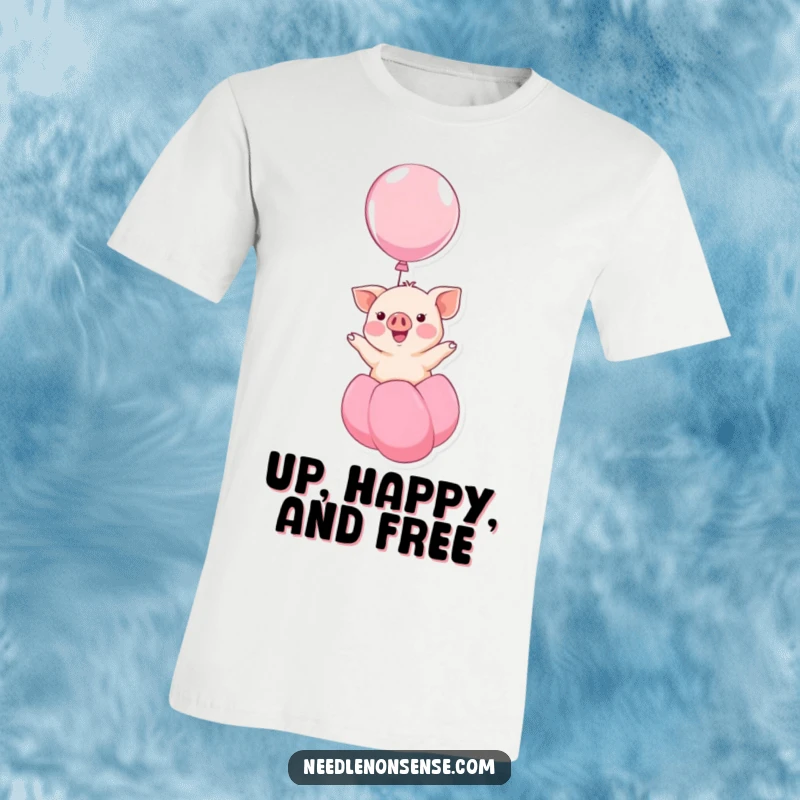 Funny kawaii piglet smiling as it floats up on a balloon, a cheerful and humorous design on this t-shirt, great for gifting.