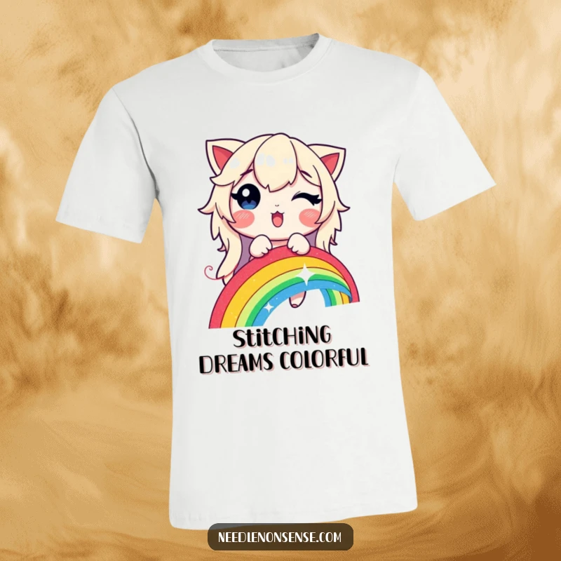 Funny t-shirt graphic of a happy character sewing a vibrant rainbow with a luminous, glowing thread.