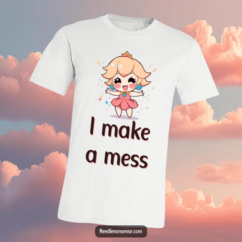 Funny t-shirt showing a playful peach character enthusiastically creating a dynamic splatter paint effect with bright, vibrant colors.