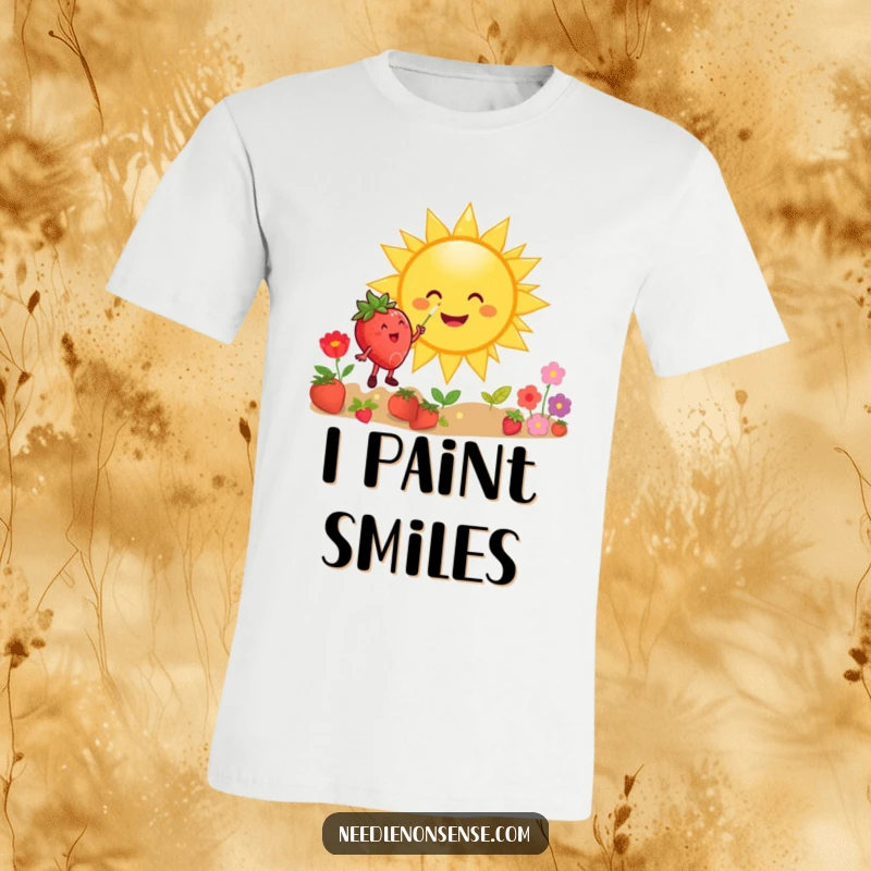 Funny t-shirt showing a happy strawberry character diligently painting a large, beaming sun with cheerful brushstrokes and colorful paint.