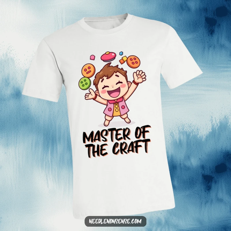 Funny t-shirt of a happy character energetically juggling a pile of colorful buttons, celebrating the joy of crafting.